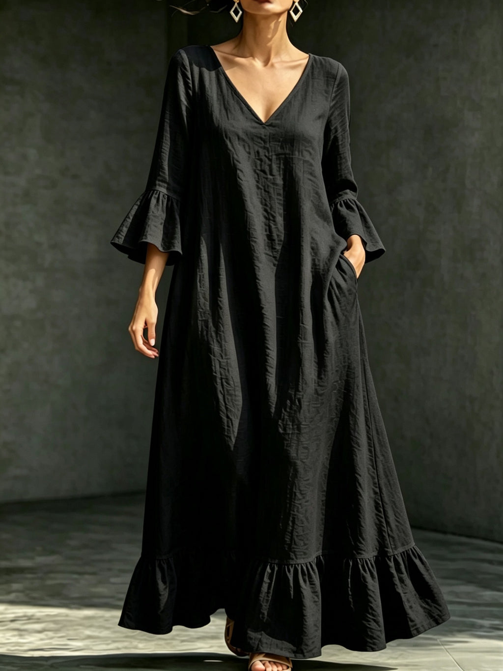 Midikleid mit Rüschensaum und 3/4-Ärmeln