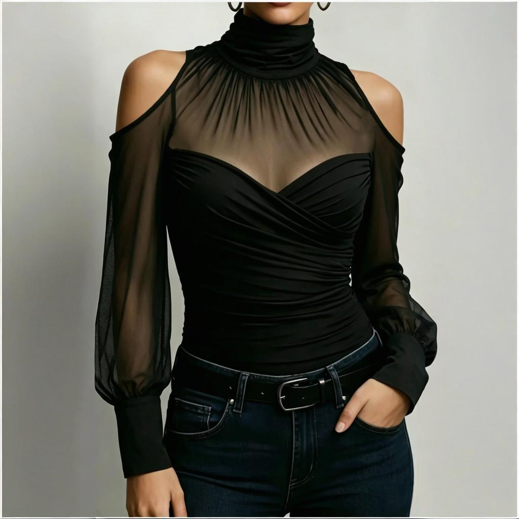 Damen Rollkragen Off-Shoulder Langarm-Top