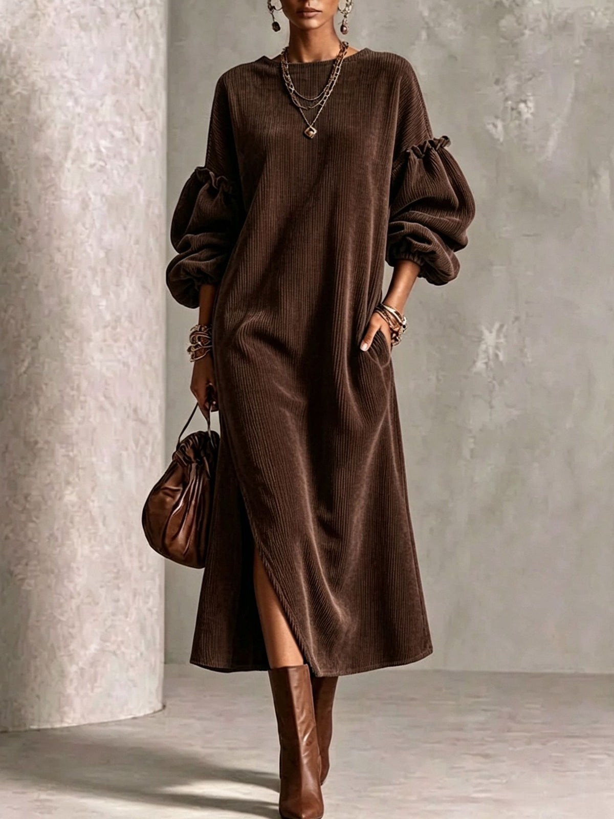 A-Linien-Kleid mit Rundhals und Puffärmeln | LuxeStyle