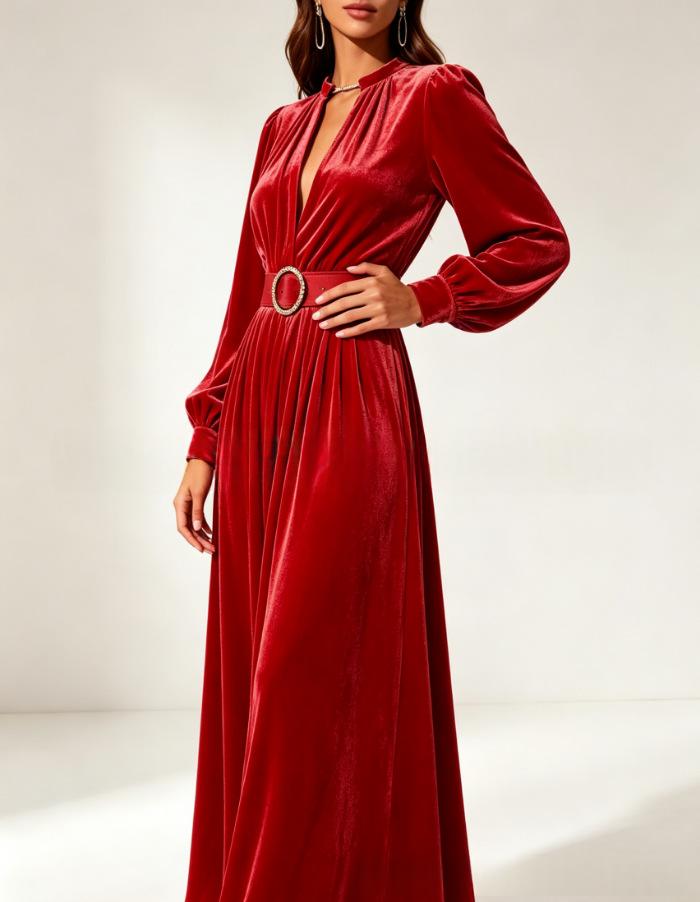 Velvet-Kleid mit V-Ausschnitt und Taillenbetonung