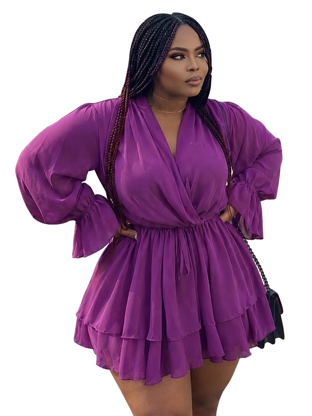 Elegantes V-Neck Langarm-Kleid mit Schnürung
