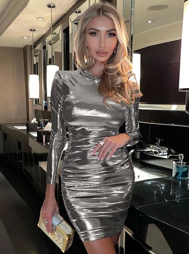 Silbernes Bodycon-Kleid mit langen Ärmeln – Bild 7 | LuxeStyle