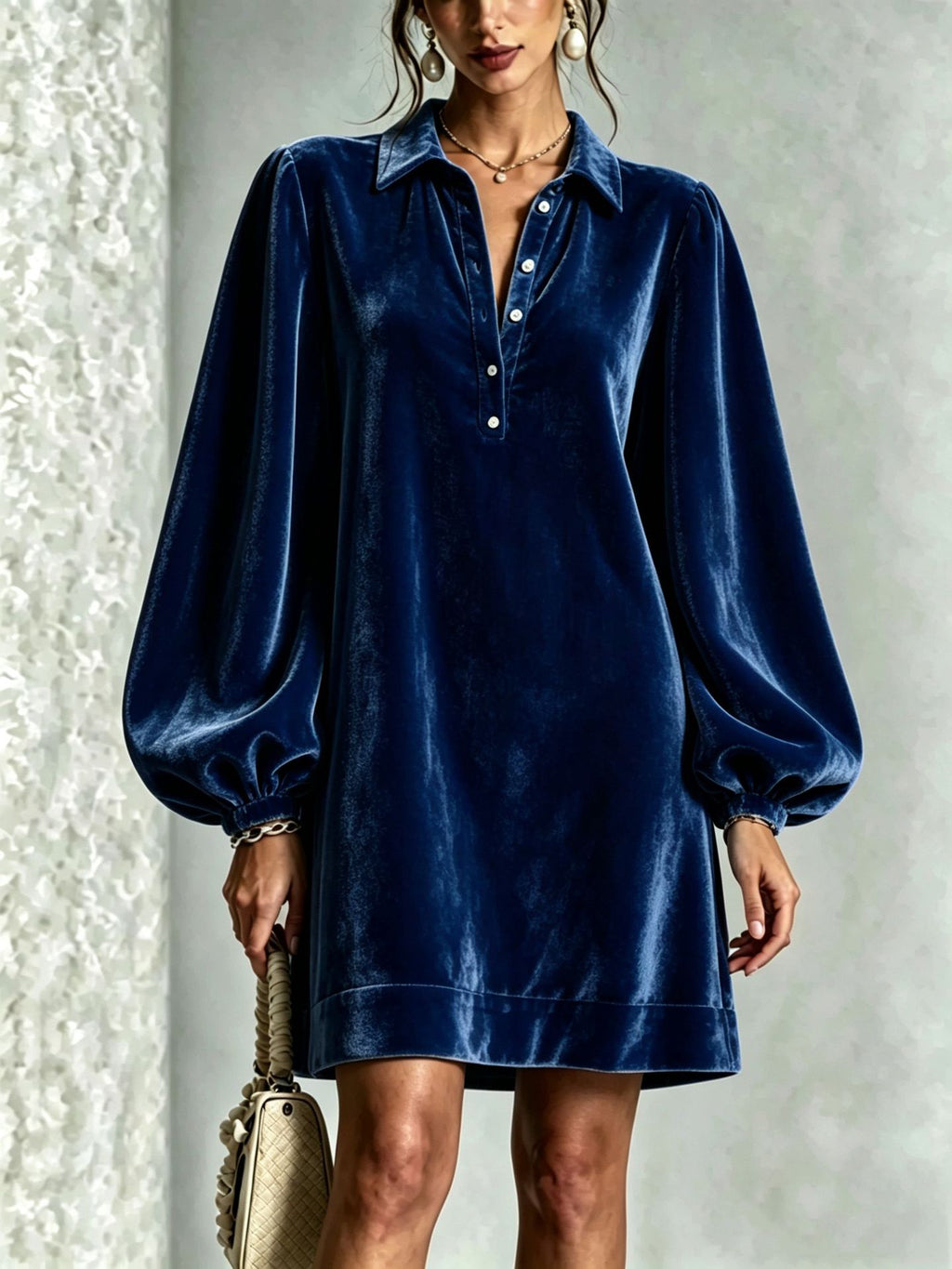 Elegantes Samtblusen-Kleid mit Laternenärmel – Bild 5 | LuxeStyle