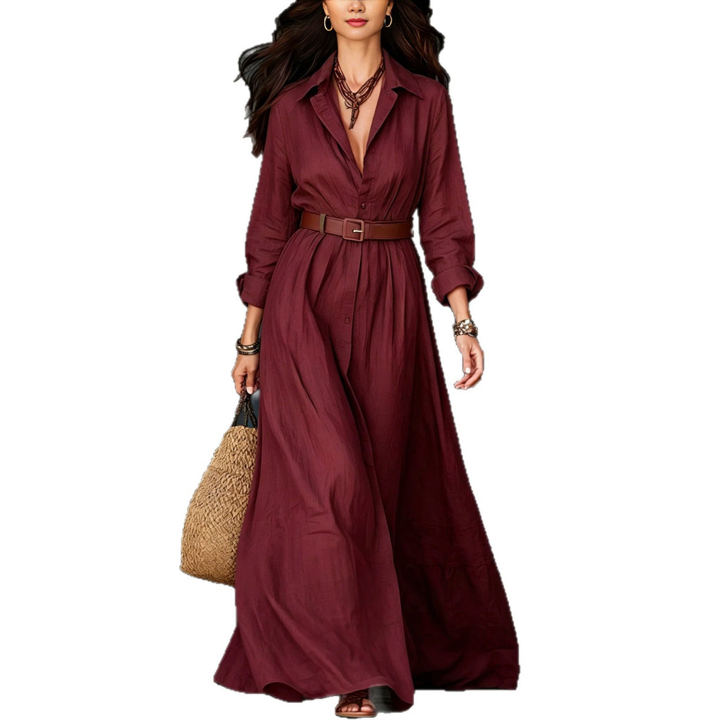 Langarm-Kleid mit Taillengürtel, elegant, lang, für Urlaub