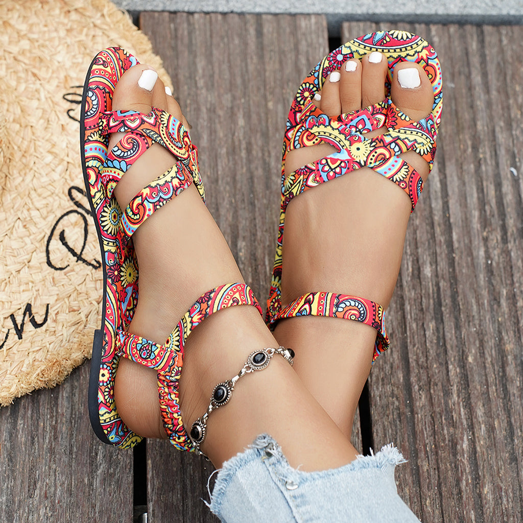 Flache Rattan-Sandalen mit Ethno-Print – Bild 2 | LuxeStyle