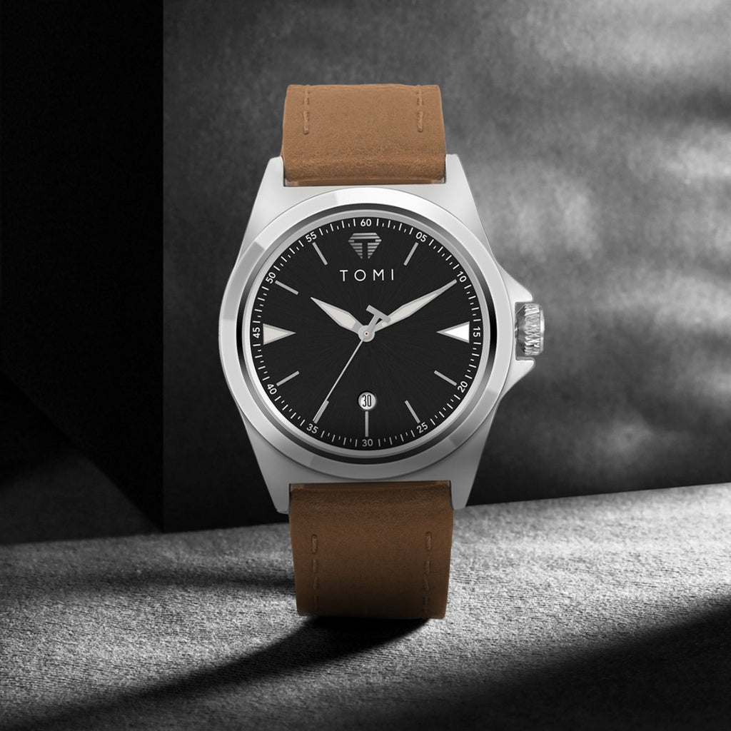 Wasserdichte Quarzuhr für Herren mit Lederarmband