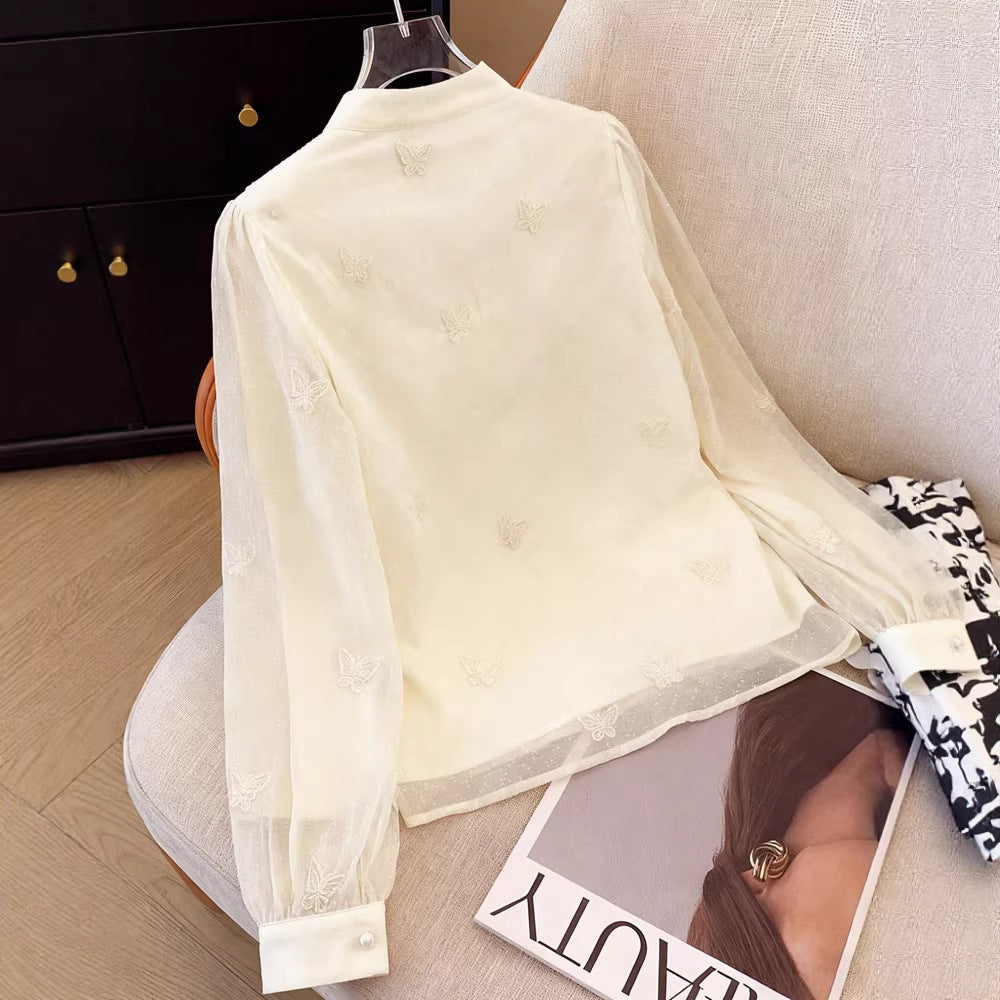 Besticktes Langarm-Shirt mit Stehkragen – Bild 4 | LuxeStyle