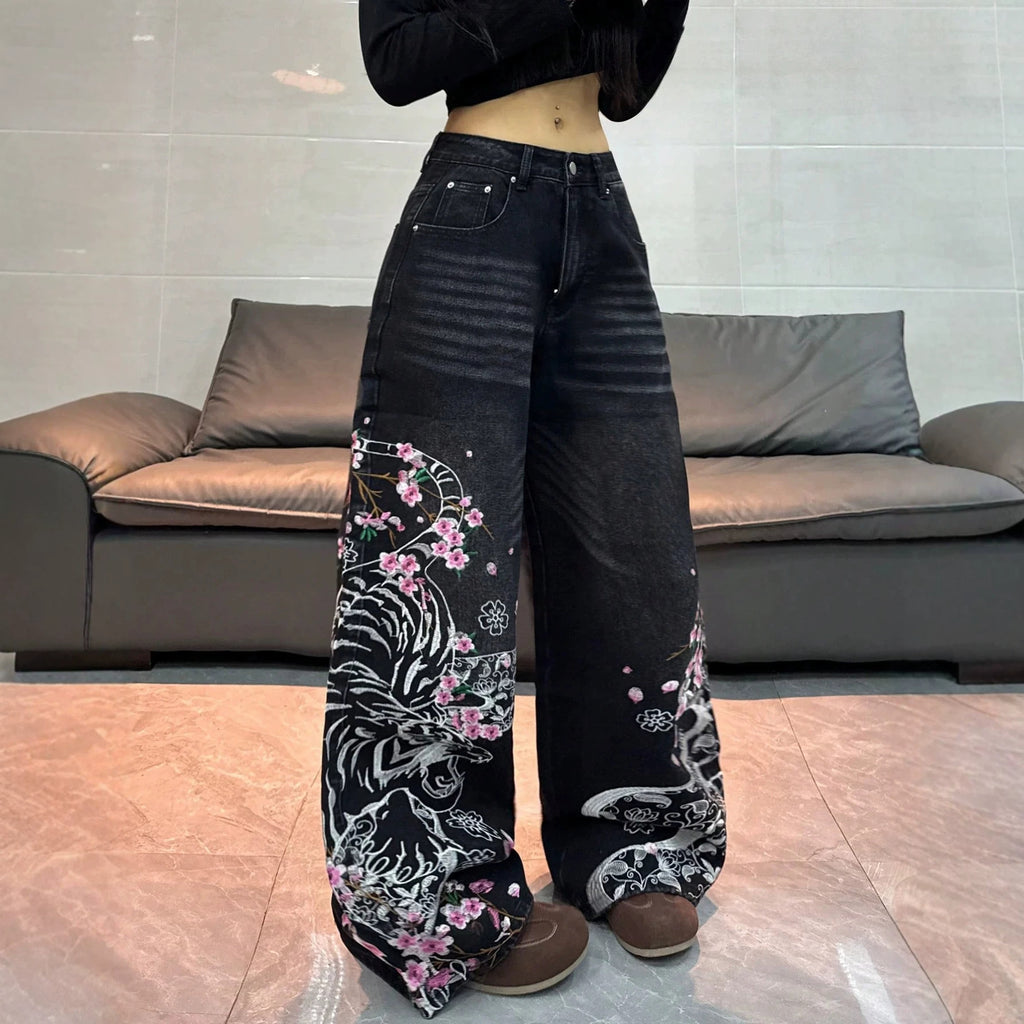 Weißer Tiger-Druck Bequem-Jeans Damen
