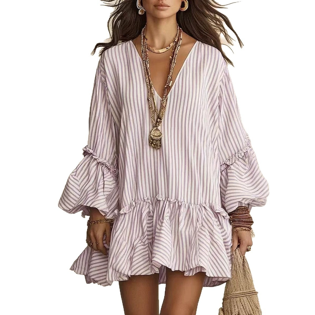 Gestreiftes Mini-Kleid mit V-Ausschnitt | LuxeStyle