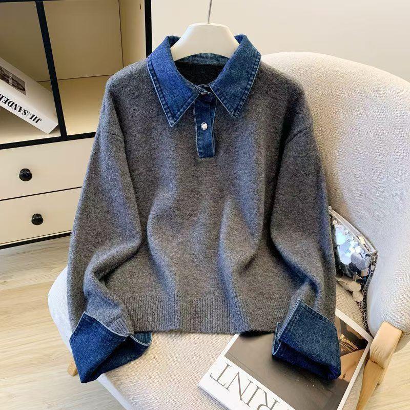 Denim-Patchwork Rollkragen-Pullover im Lagenlook