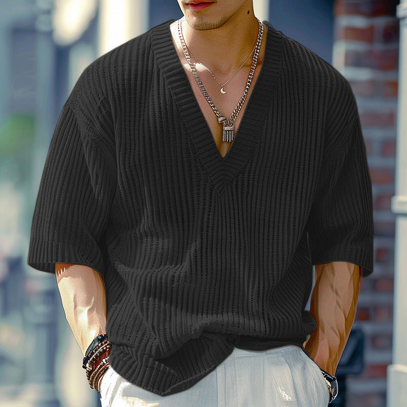 Geripptes V-Neck T-Shirt mit halbem Arm