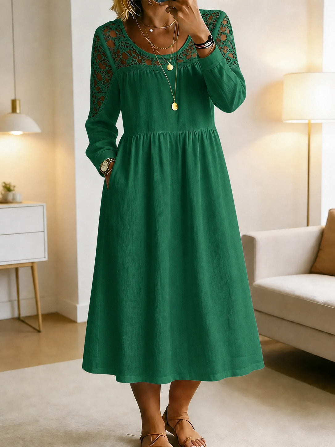 Besticktes A-Linien Midikleid aus Leinenmix – Bild 2 | LuxeStyle