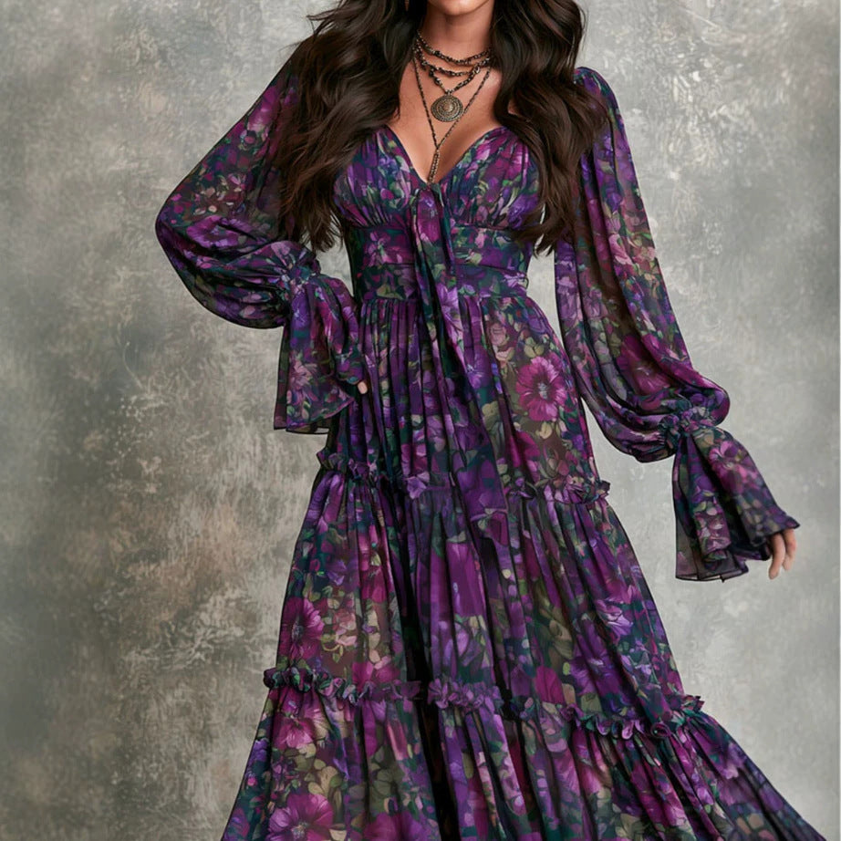 Blumenmuster-Kleid mit Rundhals und Bindedeta | LuxeStyle
