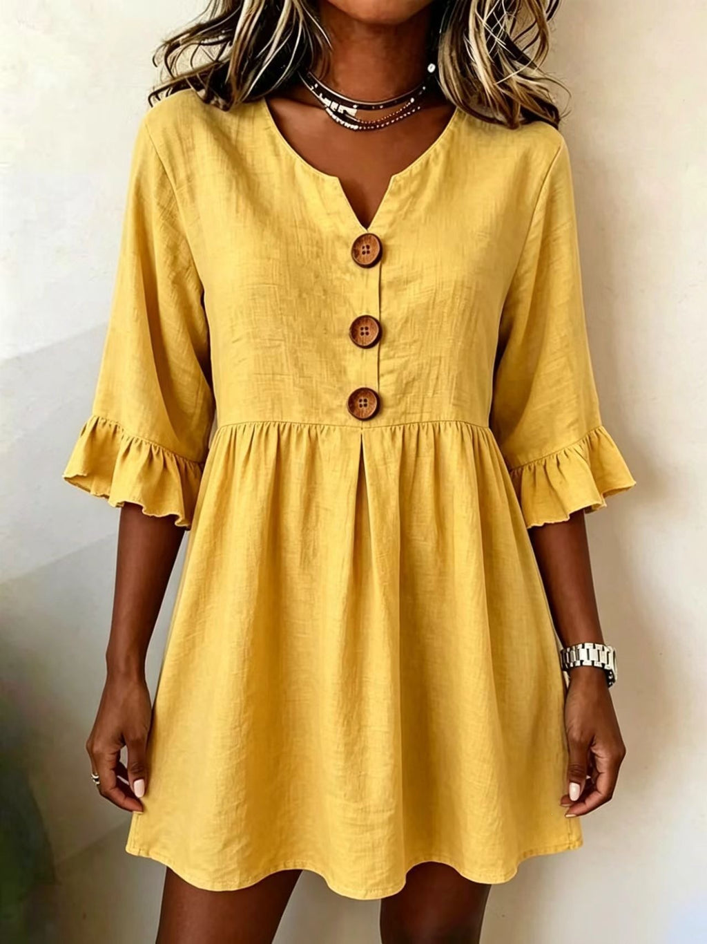 V-Ausschnitt Baumwoll-Leinen Midi-Kleid – Bild 6 | LuxeStyle
