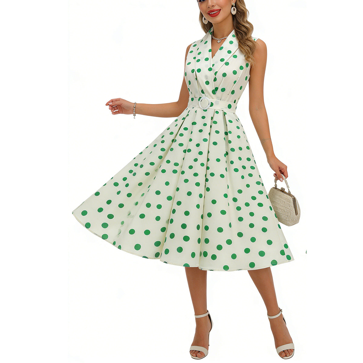 Aprikosenkleid mit Polka-Dots und Taillengürtel – Bild 5 | LuxeStyle