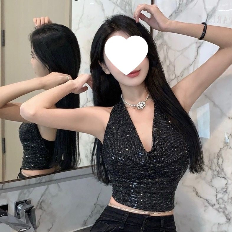 Glitzerndes Tanktop mit Wellenförmigem Kragen und Trägern