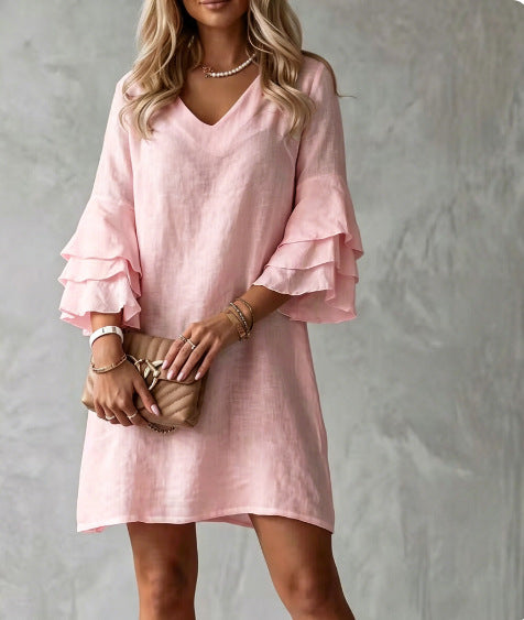Französisches V-Ausschnitt Kleid mit Rüschenärmeln