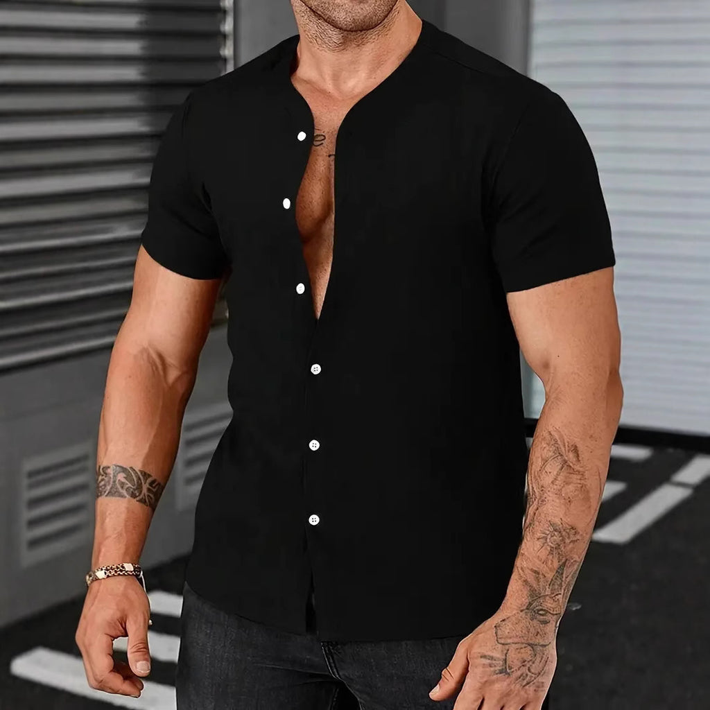 Stehkragen-Cardigan Kurzarmhemd für Herren – Bild 6 | LuxeStyle