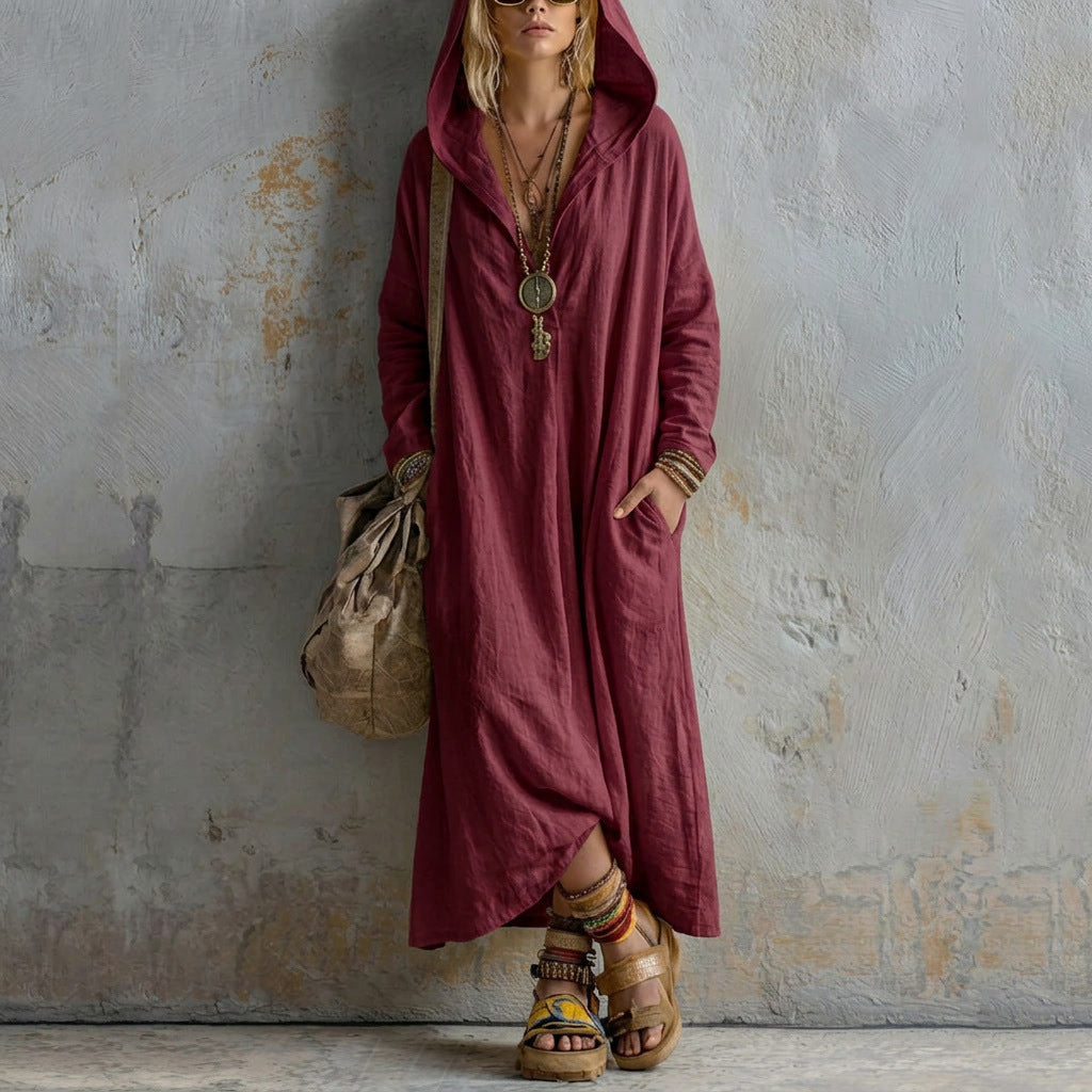 Kapuzen-Leinenkleid mit langen Ärmeln – Bild 6 | LuxeStyle
