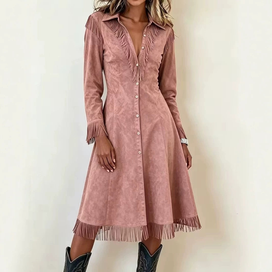 Schlank geschnittenes Langarmkleid mit Quasten | LuxeStyle