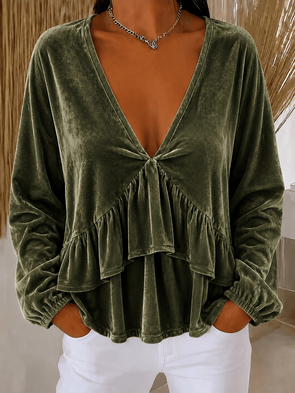 Locker geschnittenes V-Neck Top mit Spitze