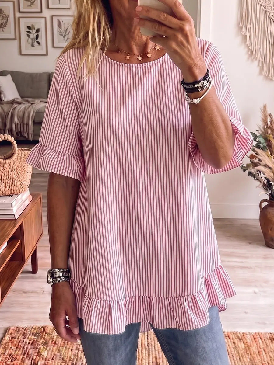 Gestreifte Bluse mit Rüschensaum – Bild 5 | LuxeStyle