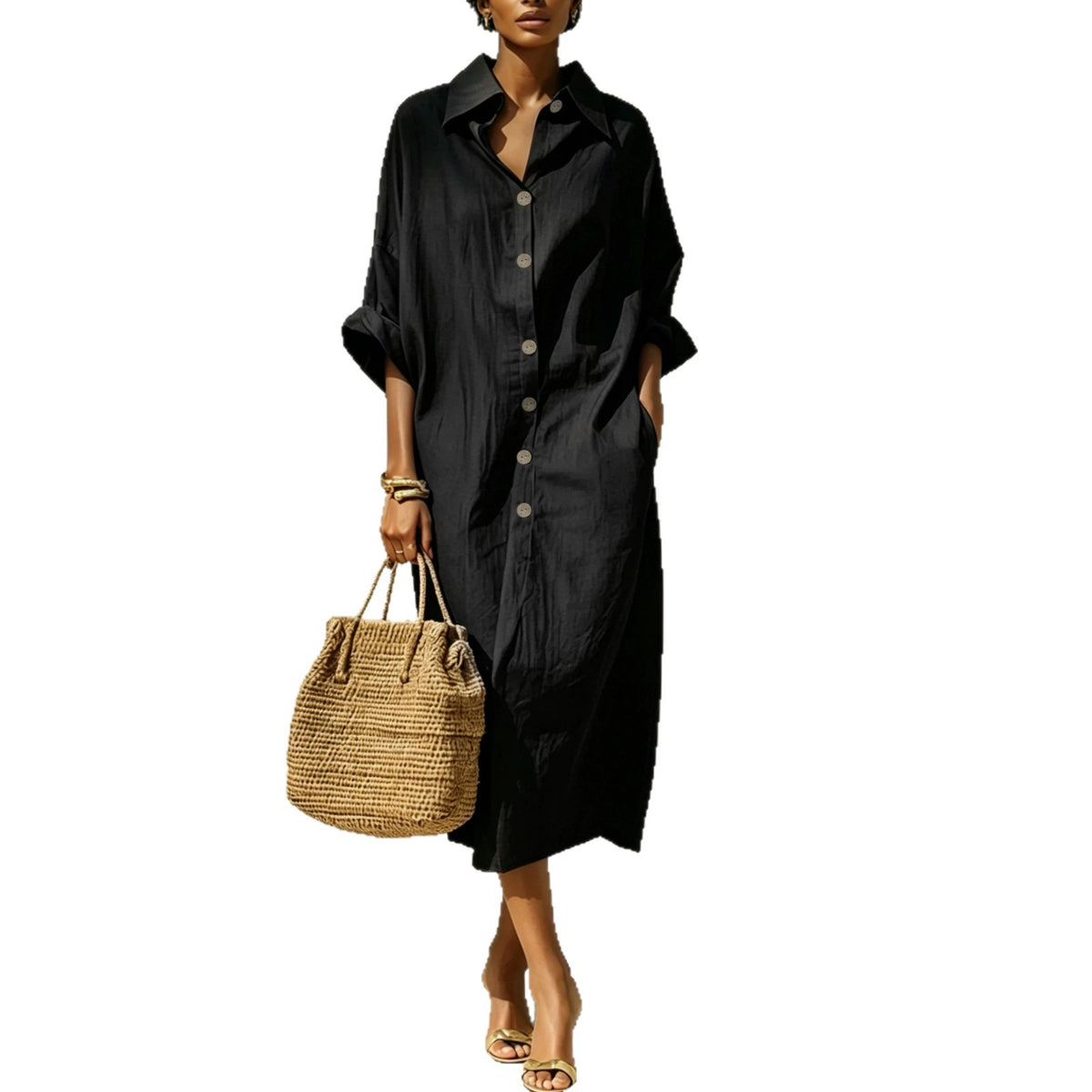 Langes Hemdblusenkleid mit Revers für Damen – Bild 2 | LuxeStyle