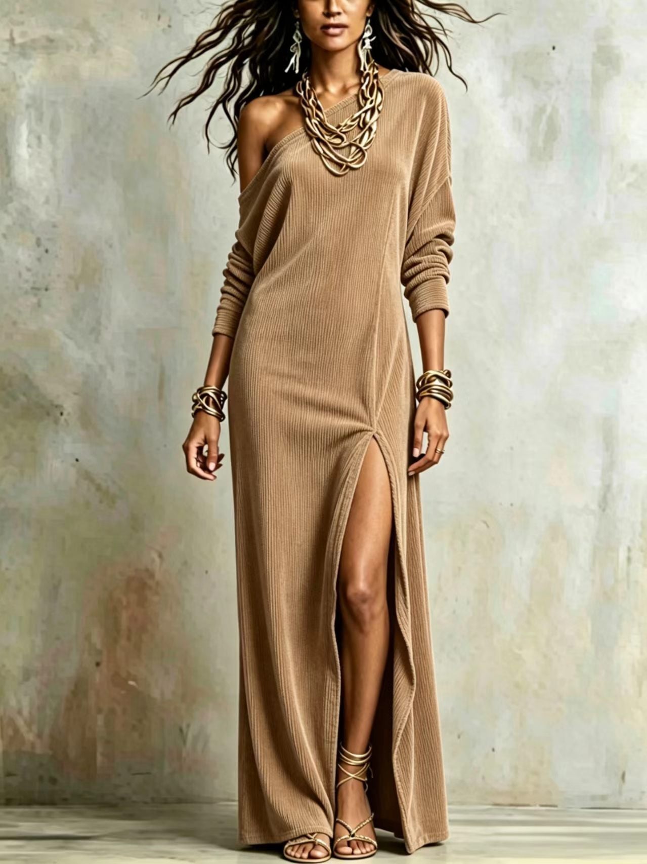 Corduroy-Kleid mit Off-Shoulder-Design
