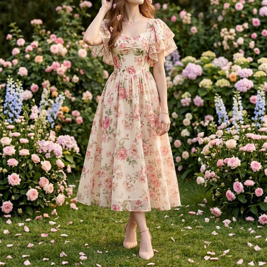 Blumenprint-Midi mit Volantsärmeln und A-Silhouette – Bild 4 | LuxeStyle