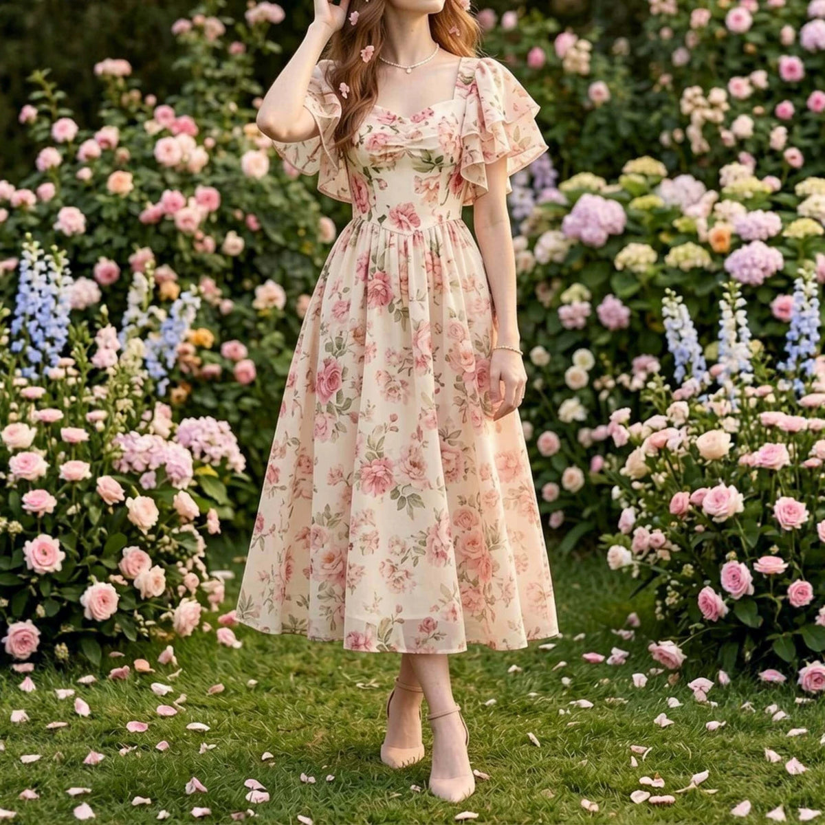 Blumenprint-Midi mit Volantsärmeln und A-Silhouette – Bild 4 | LuxeStyle