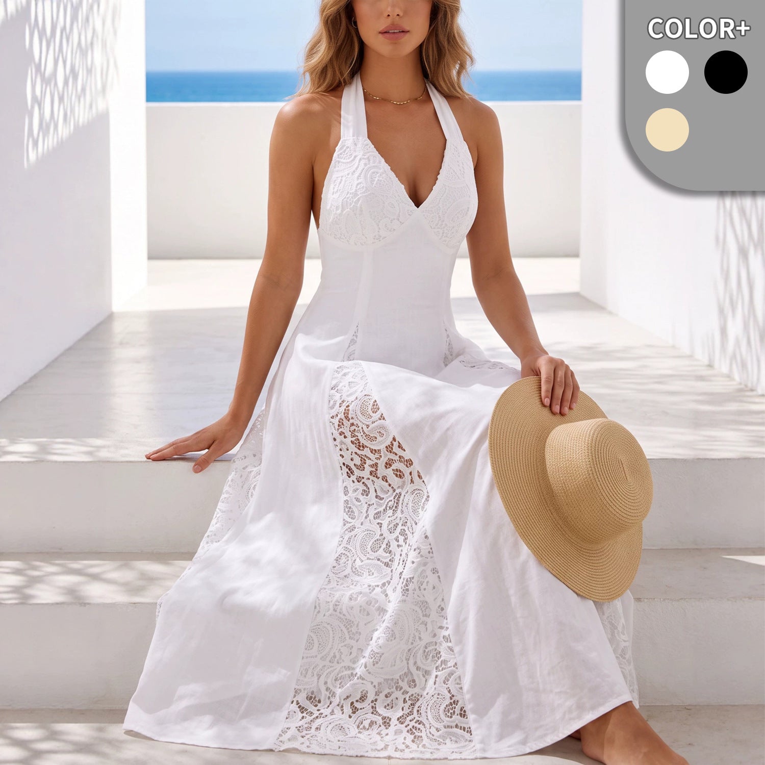 Einfarbiges V-Ausschnitt Maxikleid für Damen