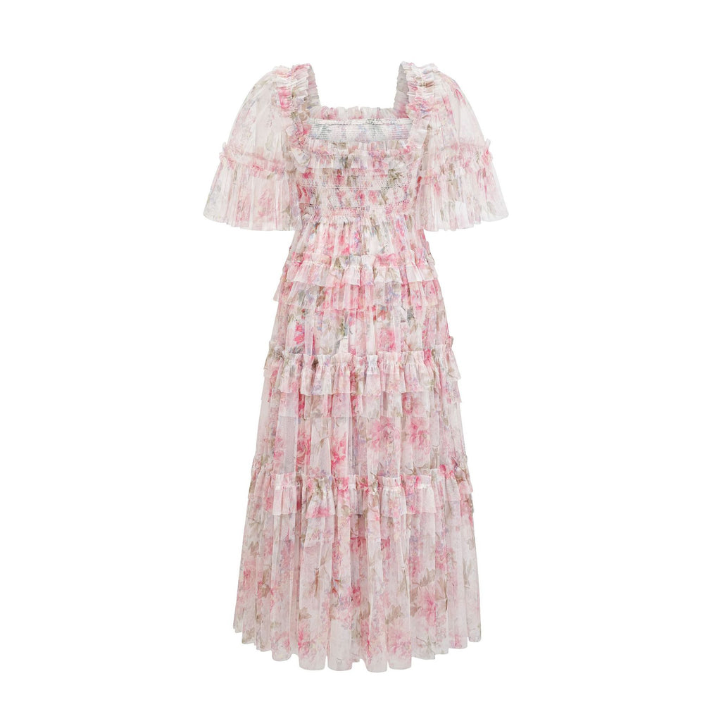 Besticktes A-Linien-Kleid mit Blumenmuster