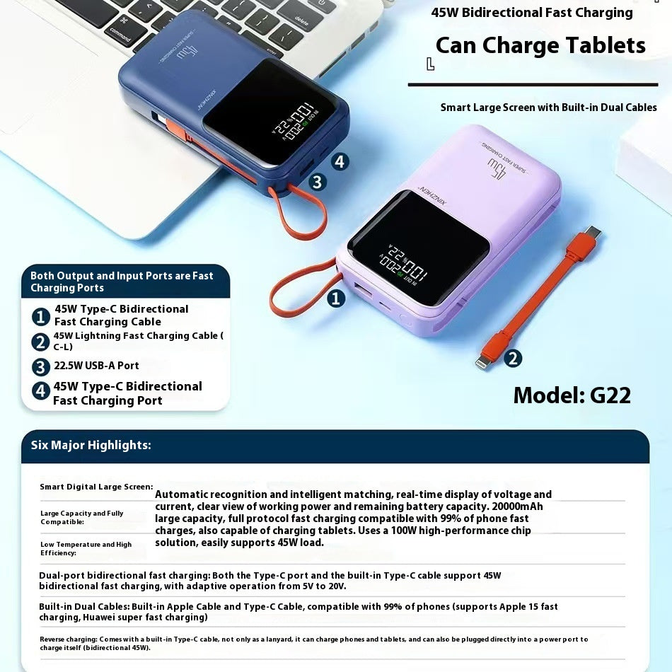 45W Power Bank mit Kabel, 20000 mAh