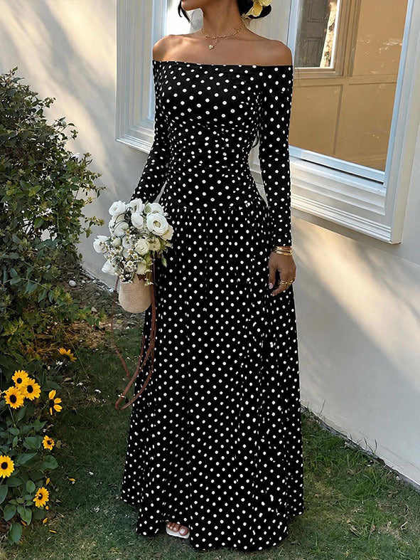 Off-Shoulder Polka-Dot Maxikleid