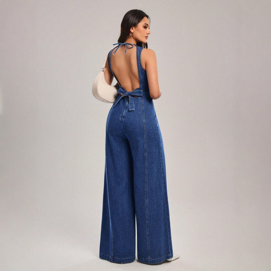 Ärmelloser Denim-Overall mit weitem Bein