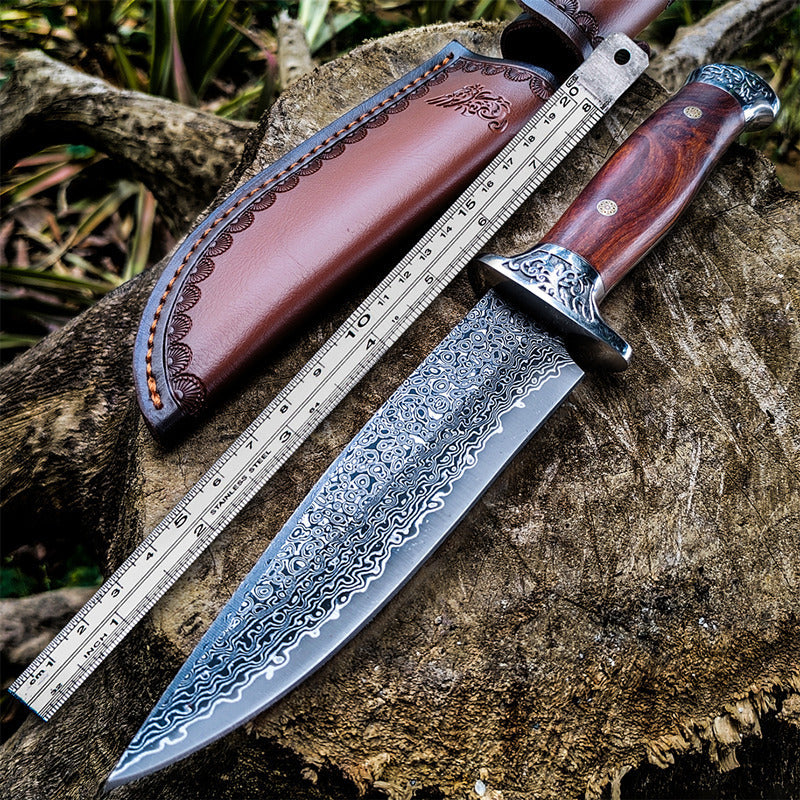 Damast Survival-Messer mit Lederscheide