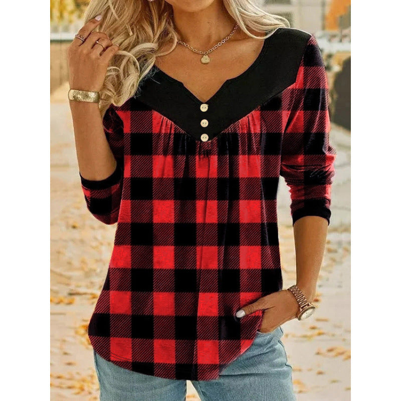 Lässiges Langarmshirt mit Falten und Karomuster
