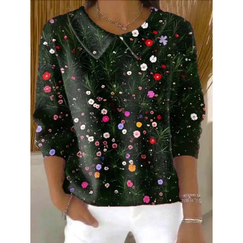 Lockeres Langarm-Top mit 3D-Digitaldruck und Revers
