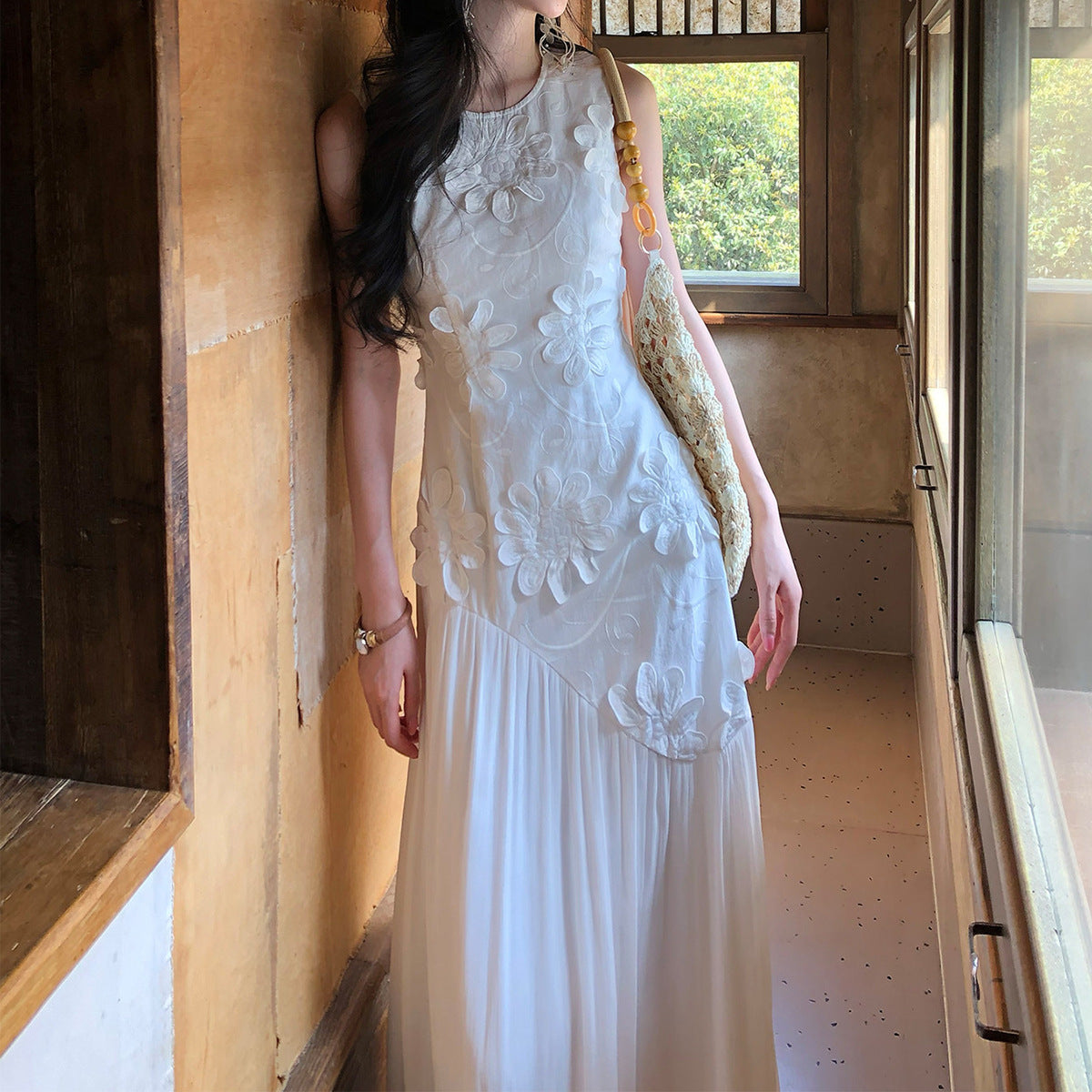 Besticktes, ärmelloses Maxikleid für Damen
