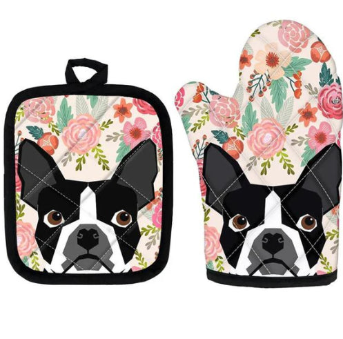 Ofenhandschuh & Topfuntersetzer-Set mit Mops-Print
