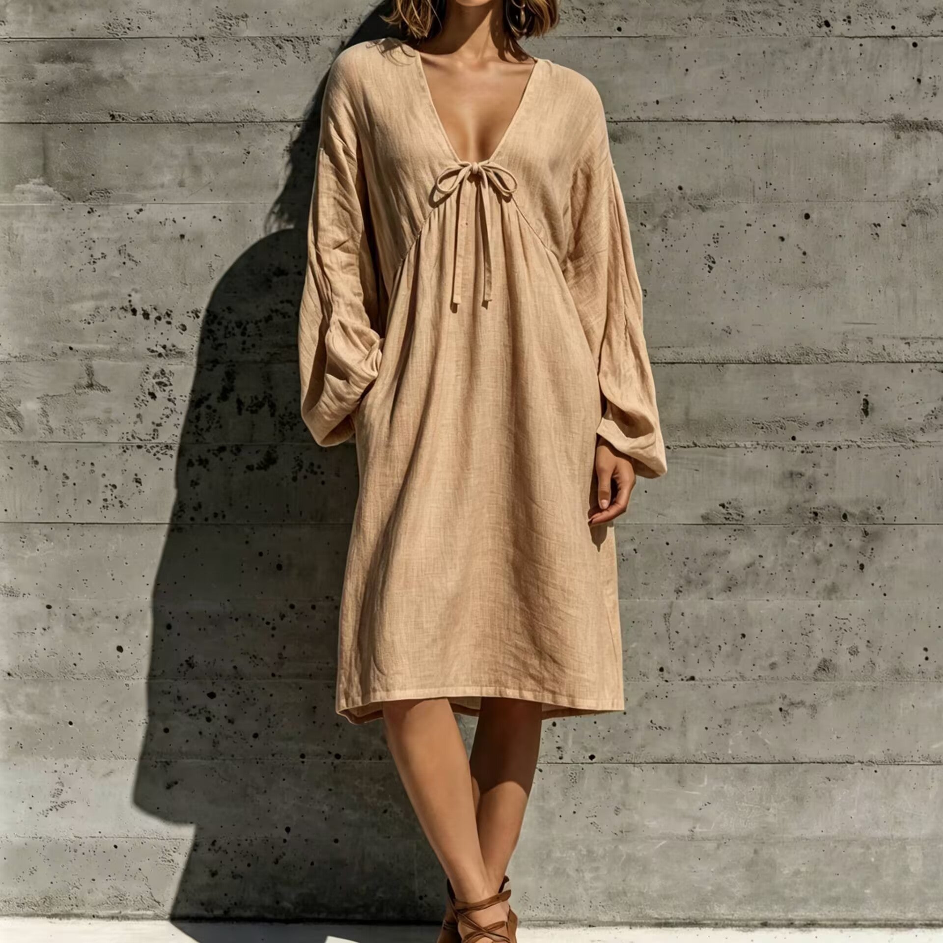 V-Ausschnitt Schnürkleid aus Baumwoll-Leinen