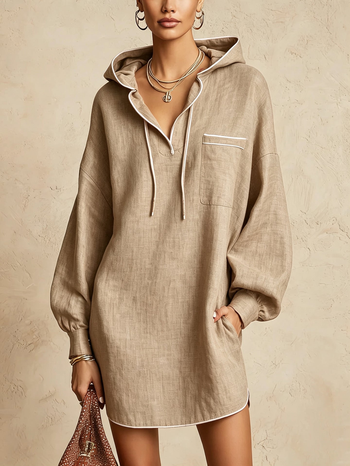 Midi-Kleid mit Kapuze und Kordelzug