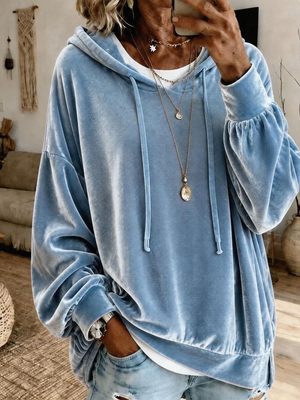 Samt-Hoodie mit Laternenärmeln