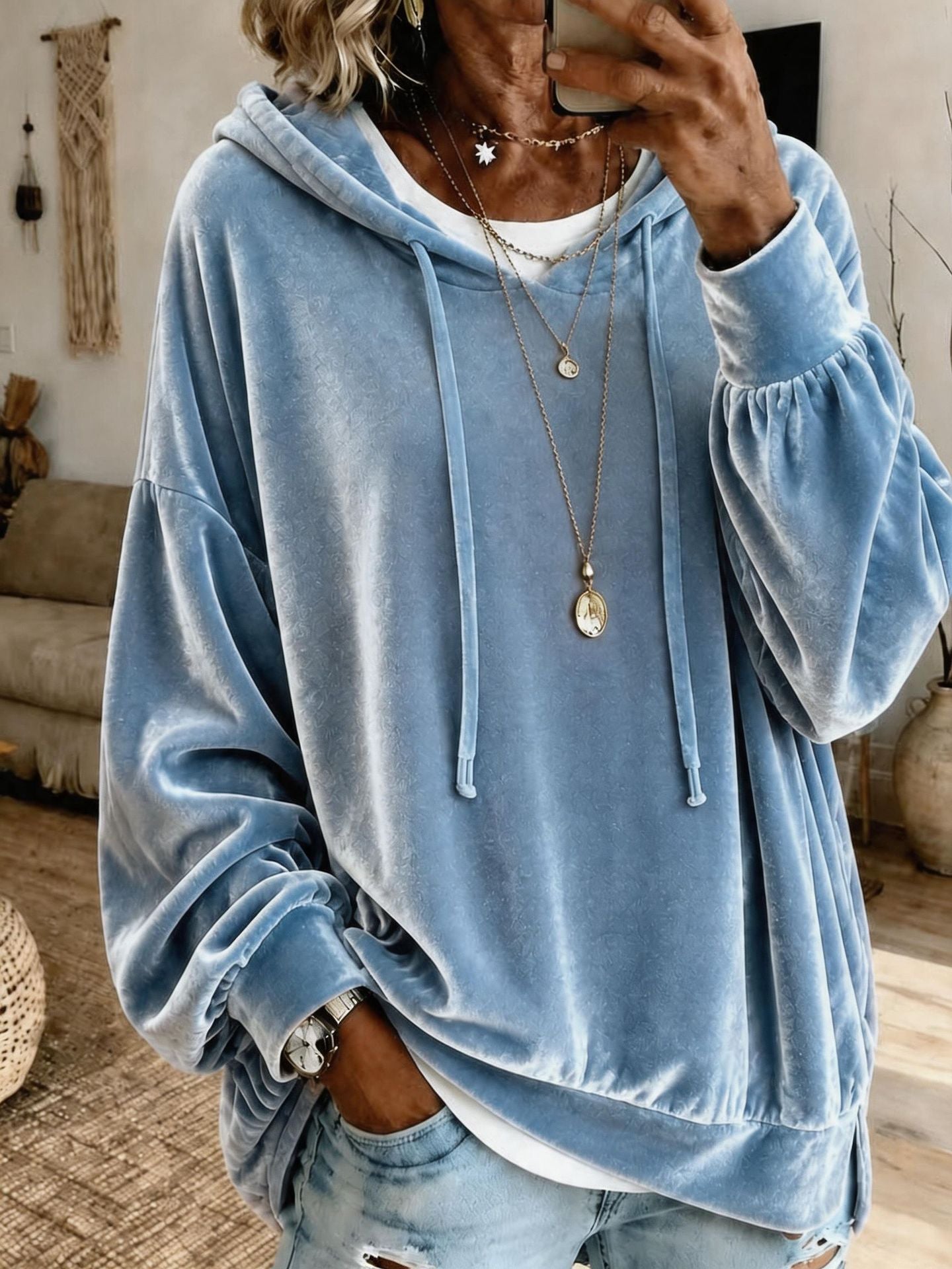 Samt-Hoodie mit Laternenärmeln