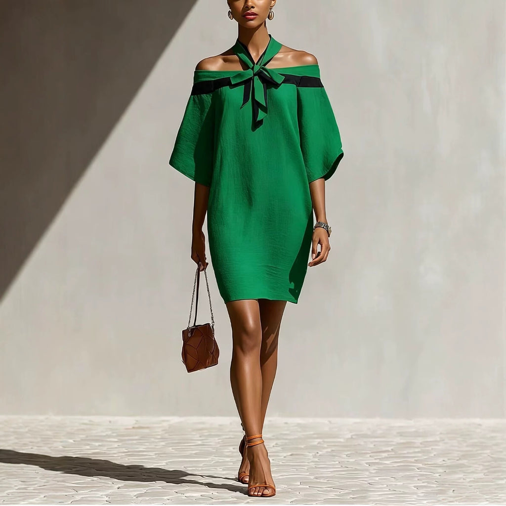 Off-Shoulder A-Linien-Kleid mit Schleife