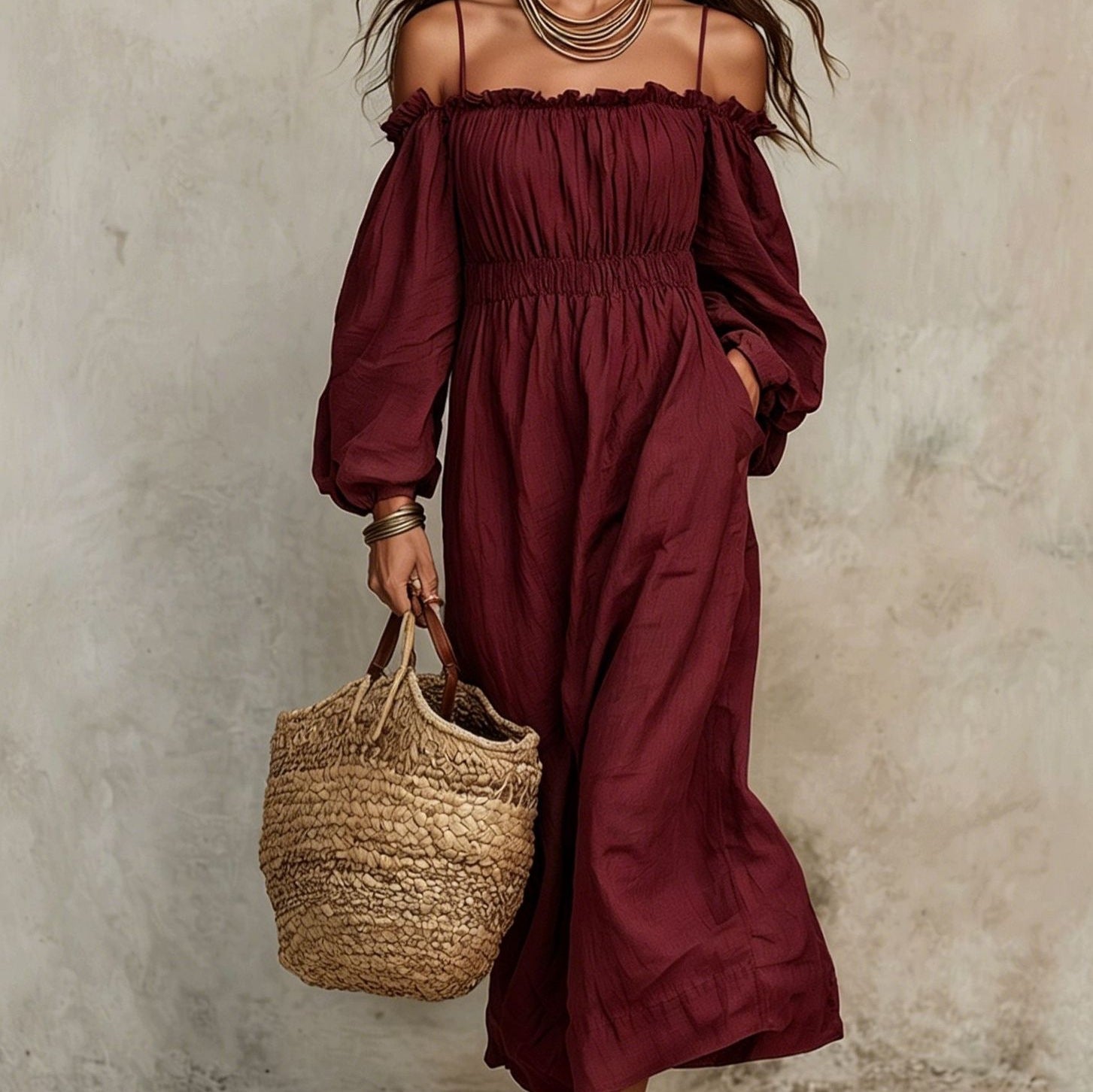 Damen Off-Shoulder Langarm Weit Schnittkleid