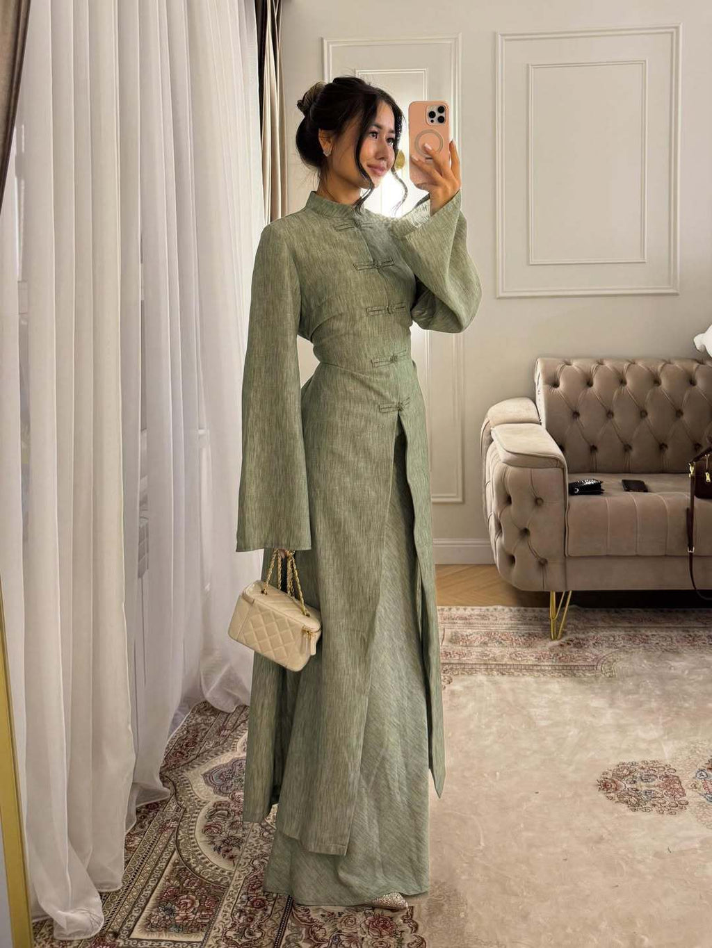 Vintage Langarm-Kleid mit Stehkragen
