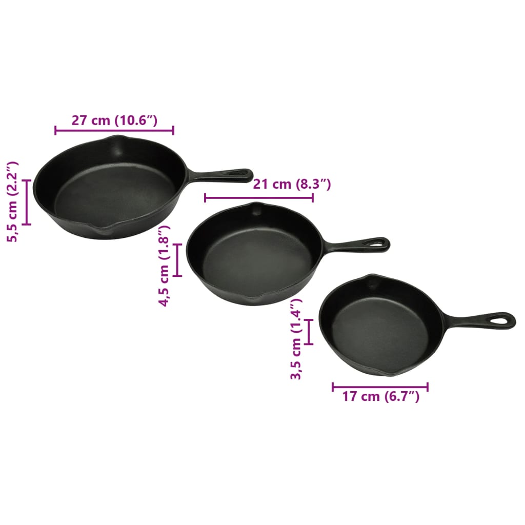 3er-Set Gusseisenpfannen für Steaks & mehr