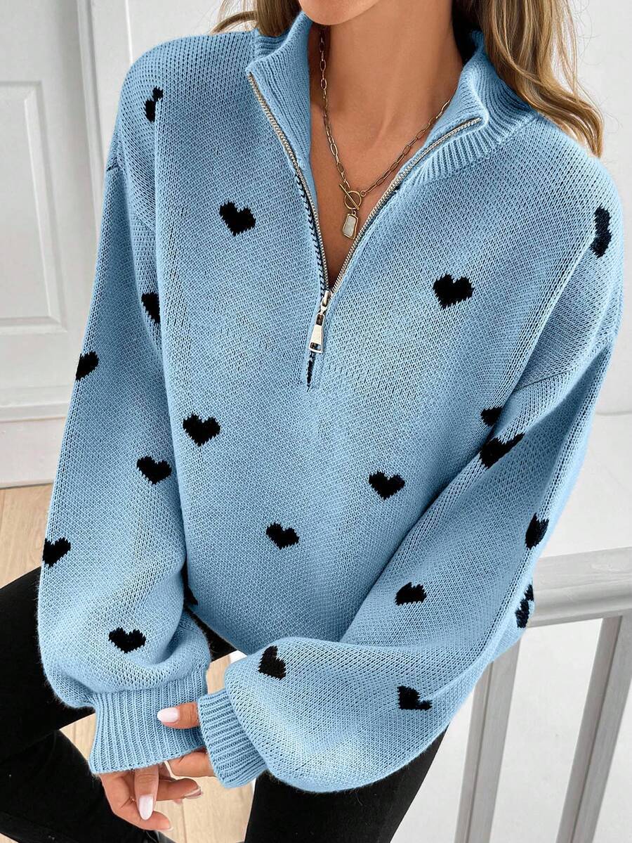 Damen Strickpullover mit Herzmuster-Reissverschluss