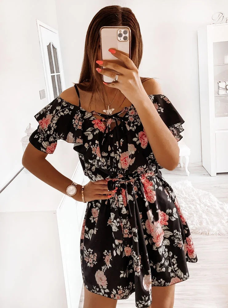Blumenmuster Taille betonendes Kleid